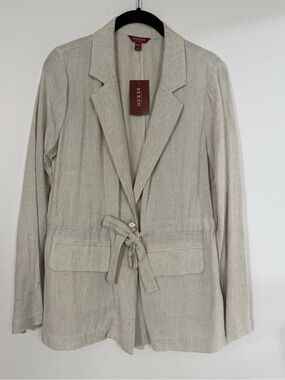 GUESS Cream Tie-Waist Linen-Blend Blazer